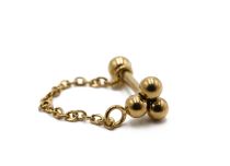 Barbell Stahl PVD Gold Spezial Tragus Motiv 3 Kugeln mit Kette |  ITC