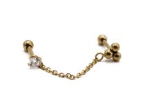 Barbell Stahl PVD Gold Speziell Tragus Motiv 3 Kugeln mit Kette und Strass |  ITC