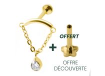 Labret Titanium PVD GOLD intern steril mit gebogenem Steg Strass-Kette.