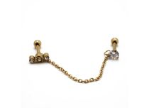 Barbell Stahl PVD Gold Spezial Tragus Motiv mit Strass und Kette |  ITC
